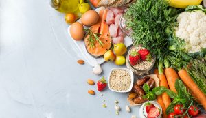 Various foods arranged on a counter top.