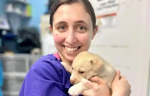 Advanced Animal Care staffer holding a puppy