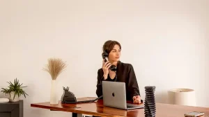 A woman business owner at her desk on the phone.