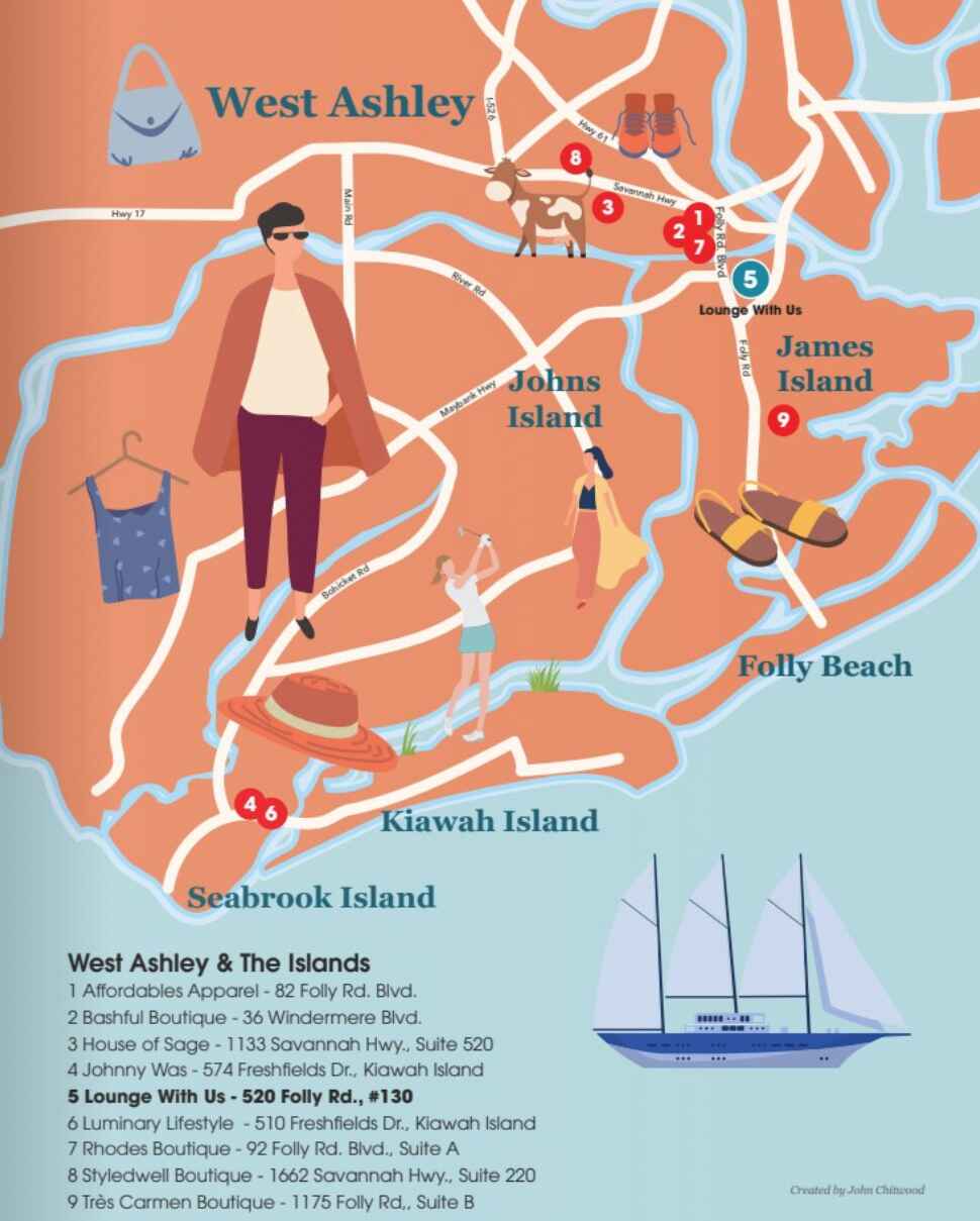 Shopping hub guide map for Johns Island, James Island and West Ashley