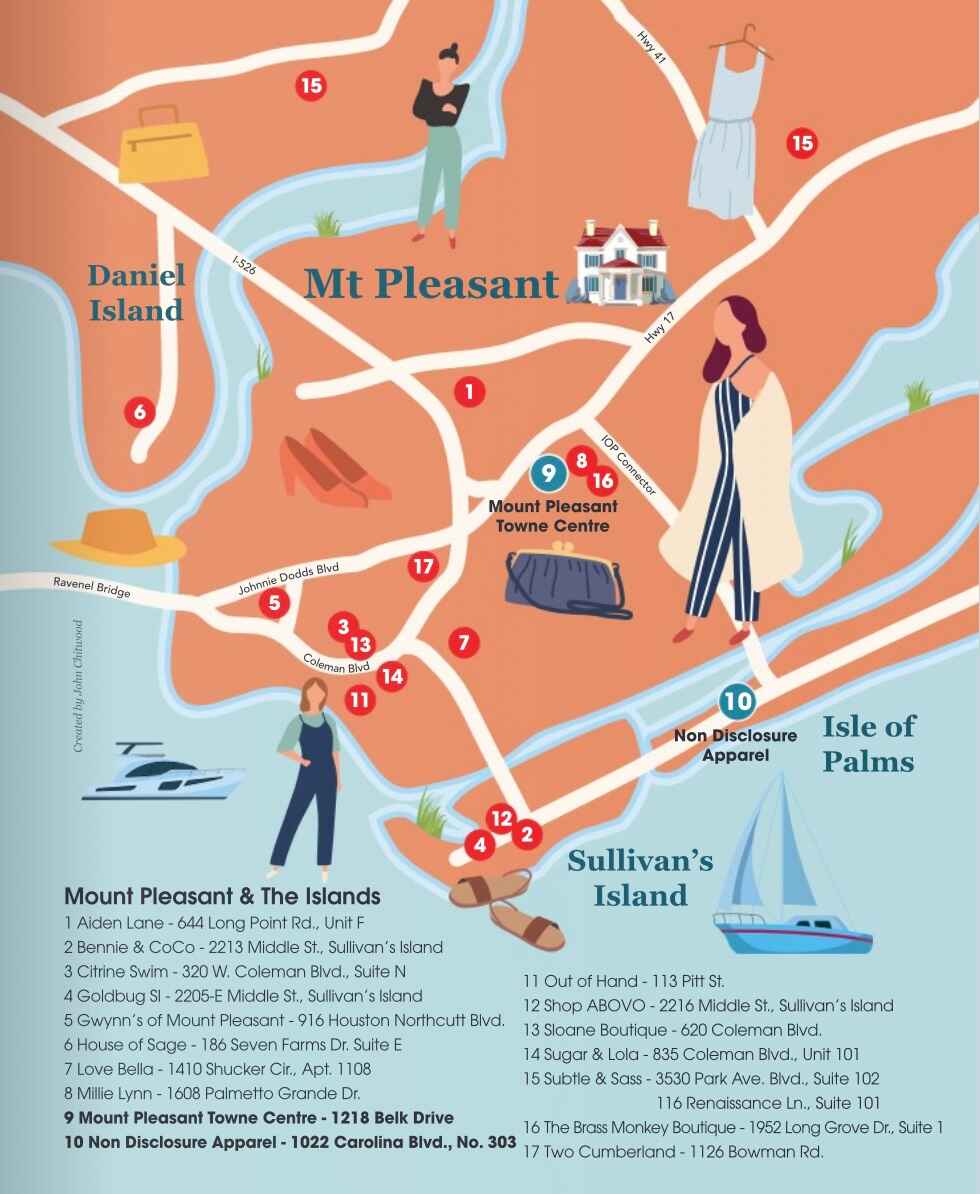 Shopping hub guide map for Mount Pleasant, Sullivans Island, Isle of Palms, and Daniel Island