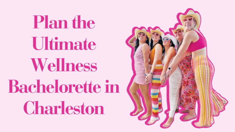 This imagine displays a cover image for the article “Plan the Ultimate Wellness Bachelorette in Charleston” it restates the title on the left. On the right there is an image of five woman posing in straw hats and heart sunglasses.
